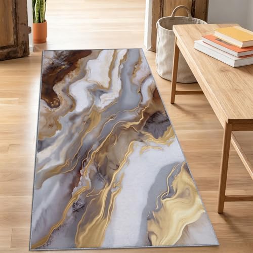 Tapis lavable agate dorure luxe glamour marron 80x200 cm