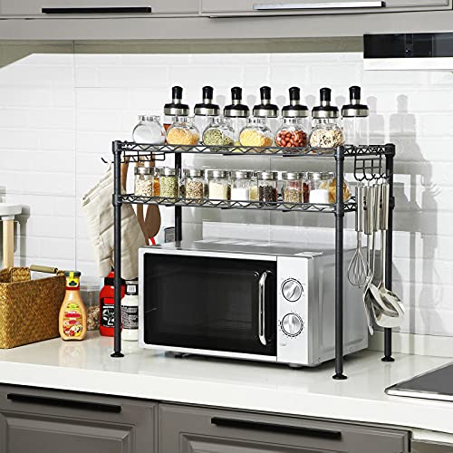 SONGMICS Estante para Horno de Microondas, Soporte Organizador de 2 Niveles para el Mostrador de la Cocina, con 2 Estantes Ajustables y 8 Ganchos, Negro LGR20BK