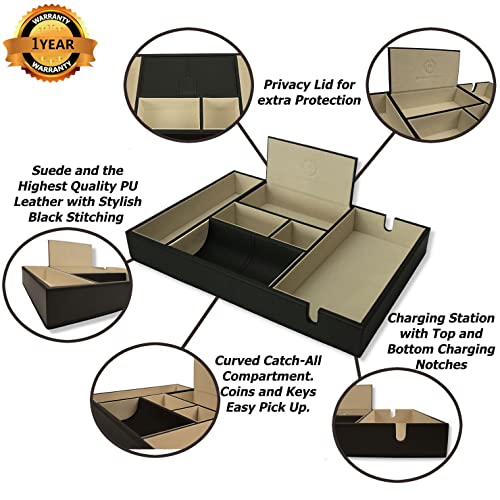 Mastery Prestige Valet Tray Organizer - Nightstand Dresser For Men With Large Phone Charging Station - Black Pu Leather And Suede Storage Box - Top Bedside For Edc Jewelry Watch Wallet Key #TOP6