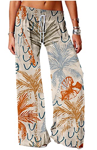 SIAOMA Womens Palm Tree Pants Casual Comfy Drawstring Hawaii Print Soft Palazzo Pants