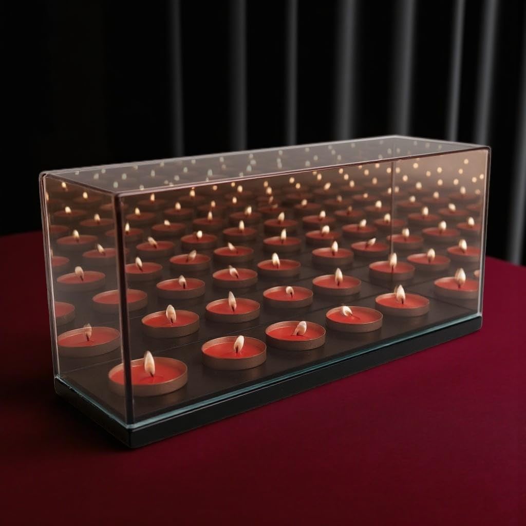 Infinity Mirror Tea Light Candle Holder 5 Slot with Electric Flameless Compatible Design - Glass Reflective Centerpiece with Wooden Base for Events & Weddings - Decorative Votive Light Box