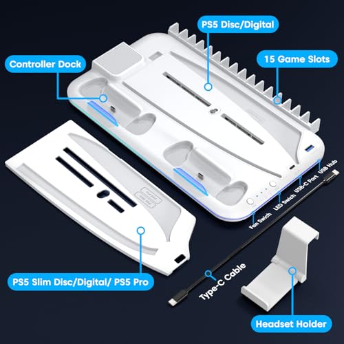 Image of Sounce Glacier Pad RGB PS5 Cooling Stand with Dual Controller Charging Station Vertical Stand with 5200RPM Cooling Fan, RGB Lights Compatible with PS5 Disc /Pro /Digital /Slim Consoles (White)