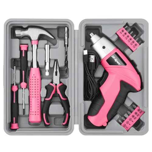 Hi-Spec kleiner Werkzeugkoffer mit Akkuschrauber für Frauen mit Hammer Zange Bit Set und Pinken Akkuschrauber 3.6V 19 tlg. einfache Handhabung und Kompakt ideal für kleine Reperaturen.
