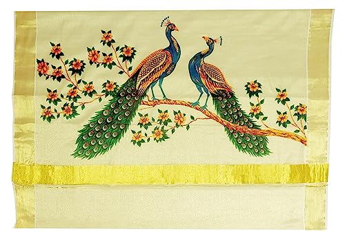 Image of Women's Mural Printed Kerala Gold Tissue Saree with Running Blouse Piece | Traditional South Indian Ethnic Saree for Festivals, Weddings & Special Occasions