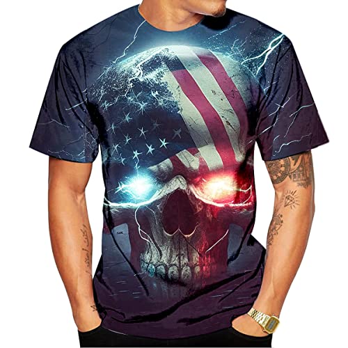 LAOLIUSN Men's Lightning Skull T-Shirt Patriotic Theme Tee American Flag Graphic Top, White, XXXXL