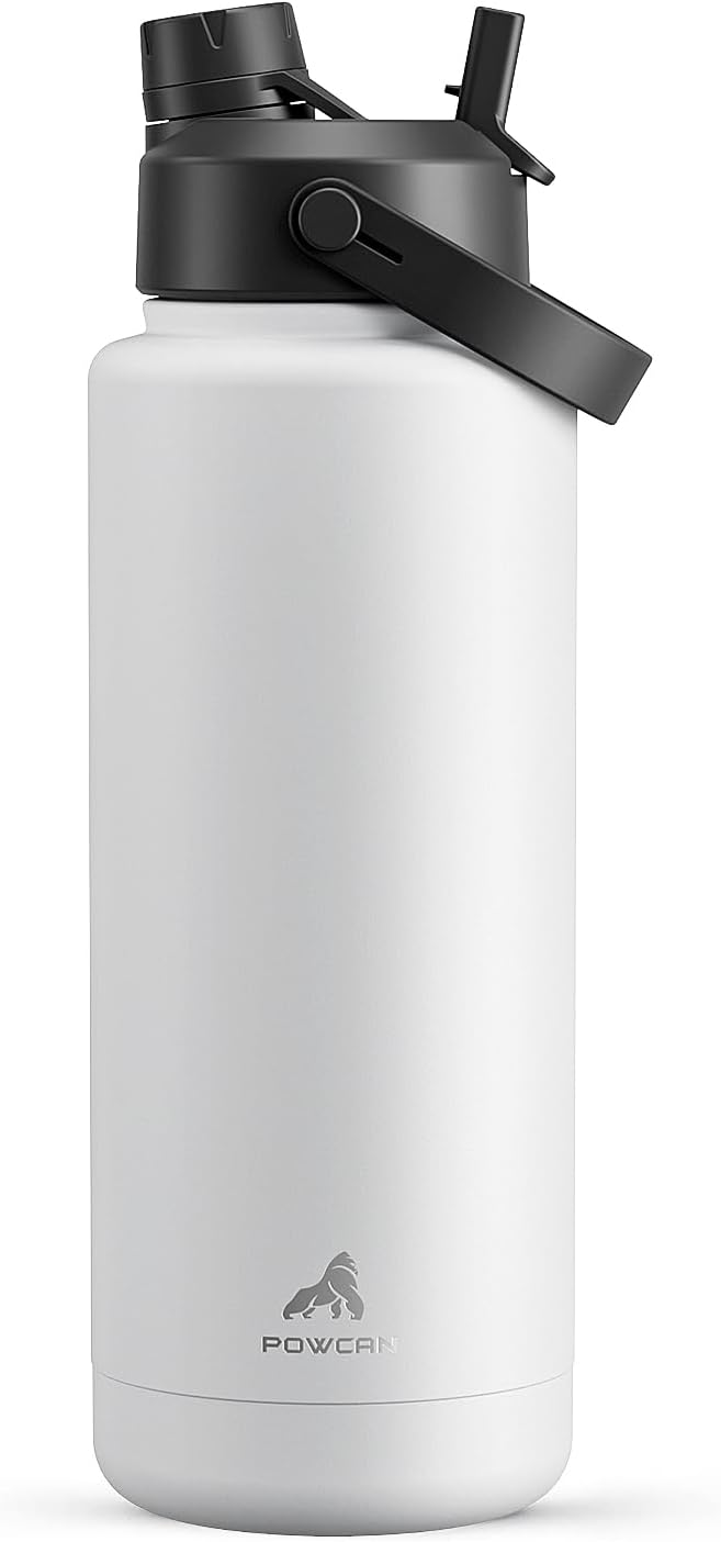 POWCAN 40 oz Insulated Water Bottle with 2-in-1 Straw and Spout Lid, Keep Cold 24H, Leak-Proof, BPA-Free, Double Wall Stainless Steel Water Bottle for Sports, Gym, Travel, and School (Frosty Birch)