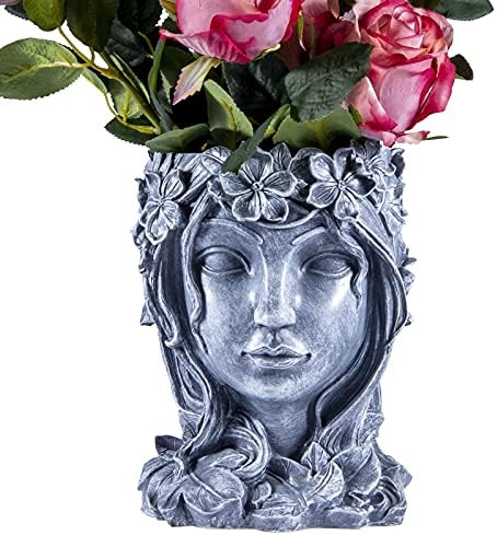 StrongWish Goddess Face Planter - Resin Flower Pot with Drainage Hole - Head Vase for Indoor and Outdoor Decoration - Succulent Pot Gift for Women (Grey)