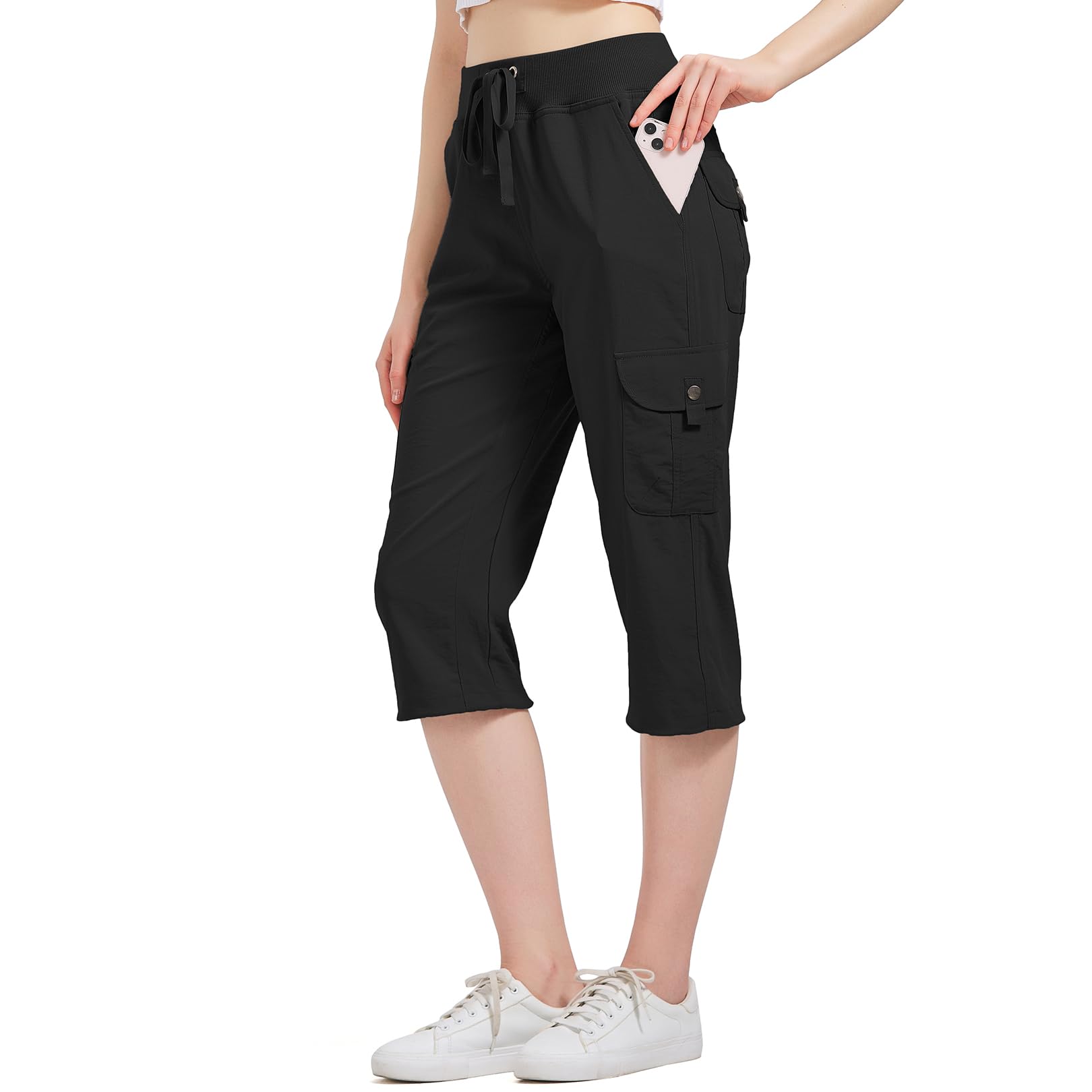 Jogwits Hose Damen 3/4 Cargo Caprihose Sommer Casual Wanderhose Jogginghose Stretch Leichte Outdoor Sporthose für Reisen und Wandern Mit 6 Taschen