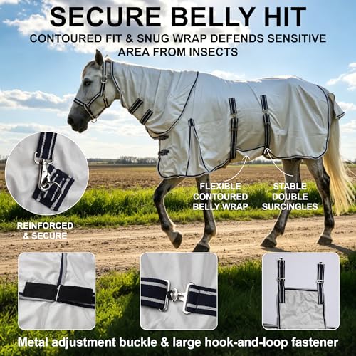Image of Summer Horse Fly Sheet with Detachable Neck & Belly Wrap, Breathable Fine Mesh Sweet Itch Protection for Stable & Pasture Turnout, Biting Defense & All-Day Comfort Shield Lightgrey 75 inch