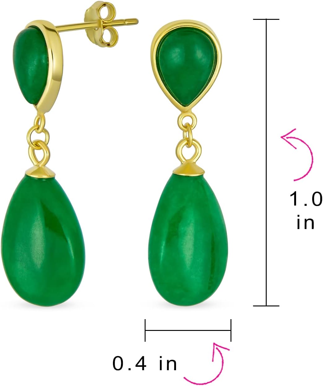 Delicate Double Teardrop Earrings: Genuine Black Onyx & Green Jade Dangle in Classic Simple Design for Women 14K Yellow Gold Overlay on .925 Sterling Silver - Image 4