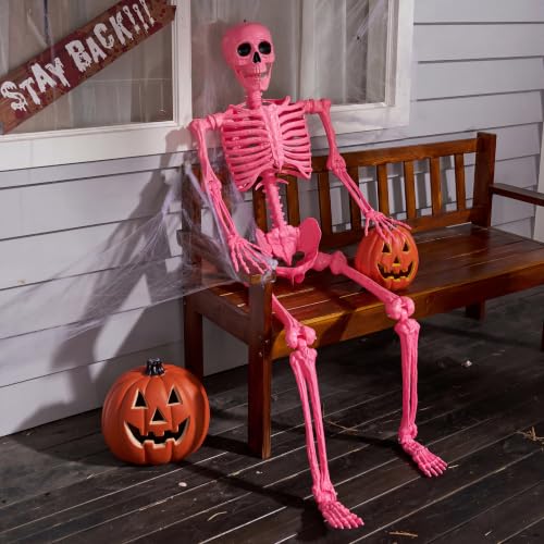 Image of JOYIN 5.6 FT Halloween Posable Skeleton Life Size, Giant Outdoor Yard Skeletons, Pink Plastic Skeleton with Movable Joints for Haunted House Props, Halloween Decorations, Spooky Scary Skeletons Party