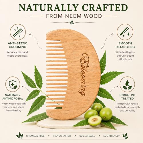 Image of Neem Wooden Beard Comb | Wooden Beard & Moustache Comb for Men | Fine Tooth Pocket Beard Comb | Smooth Rounded Teeth for Beard Grooming & Styling | Travel Friendly | 1 Piece