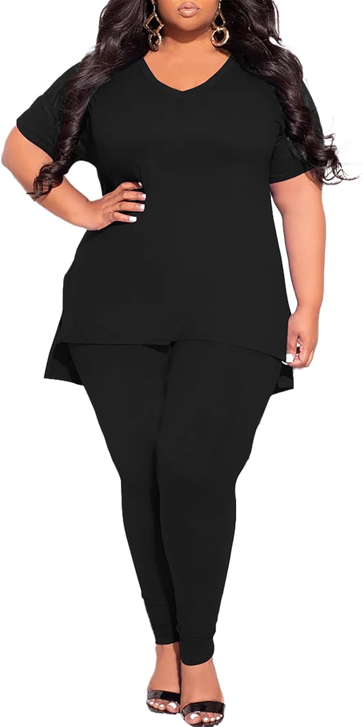TOPSRANI Womens Plus Size 2 Piece Outfits Sweatsuits Casual Tracksuit V Neck Short Sleeve Solid Loungewear Pants Sets - Image 2