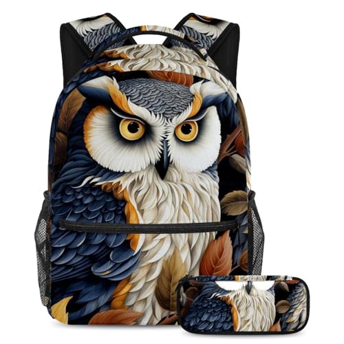 Sac à dos avec trousse motif hibou pour ranger facilement les grands livres d'école