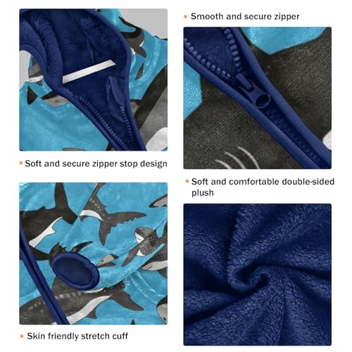 Shark Pattern on Blue Background Toddler Fleece Jacket Girl Boys Hooded Fleece Jacket Coat Warm Outwear Zip-up 3-10T3