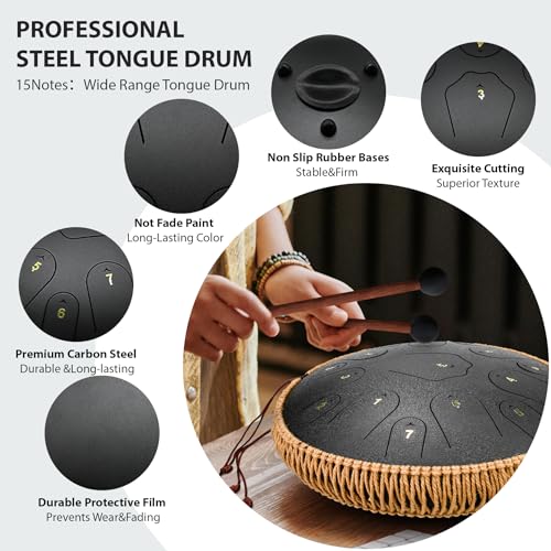 Image of Steel Tongue Drum-14 Inch 15 Notes Tongue Drums, Steel Drum Instrument for Adults, Handpan Drums with Music Book, Handpan Drum Mallet, and Carry Bag, C Major (Black)