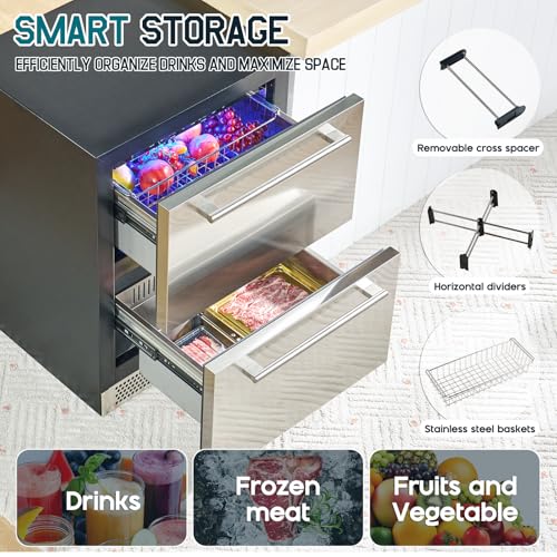 Image of Albott 24 Inch Under Counter Drawer Fridge - Stainless Steel Dual-Zone Beverage Refrigerator with LED Touch Control, Adjustable Storage, Frost-Free, Low Noise, 37℉-50℉, -0.4℉ to 37℉