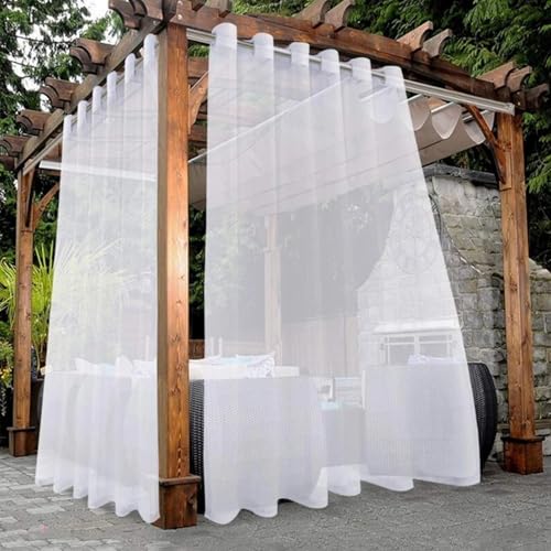 Waterproof Outdoor Curtains Set of 2 Sheer Linen Effect Water Repellent Grommet Top Ideal for Patio Balcony W132xL274cm/52x108in White