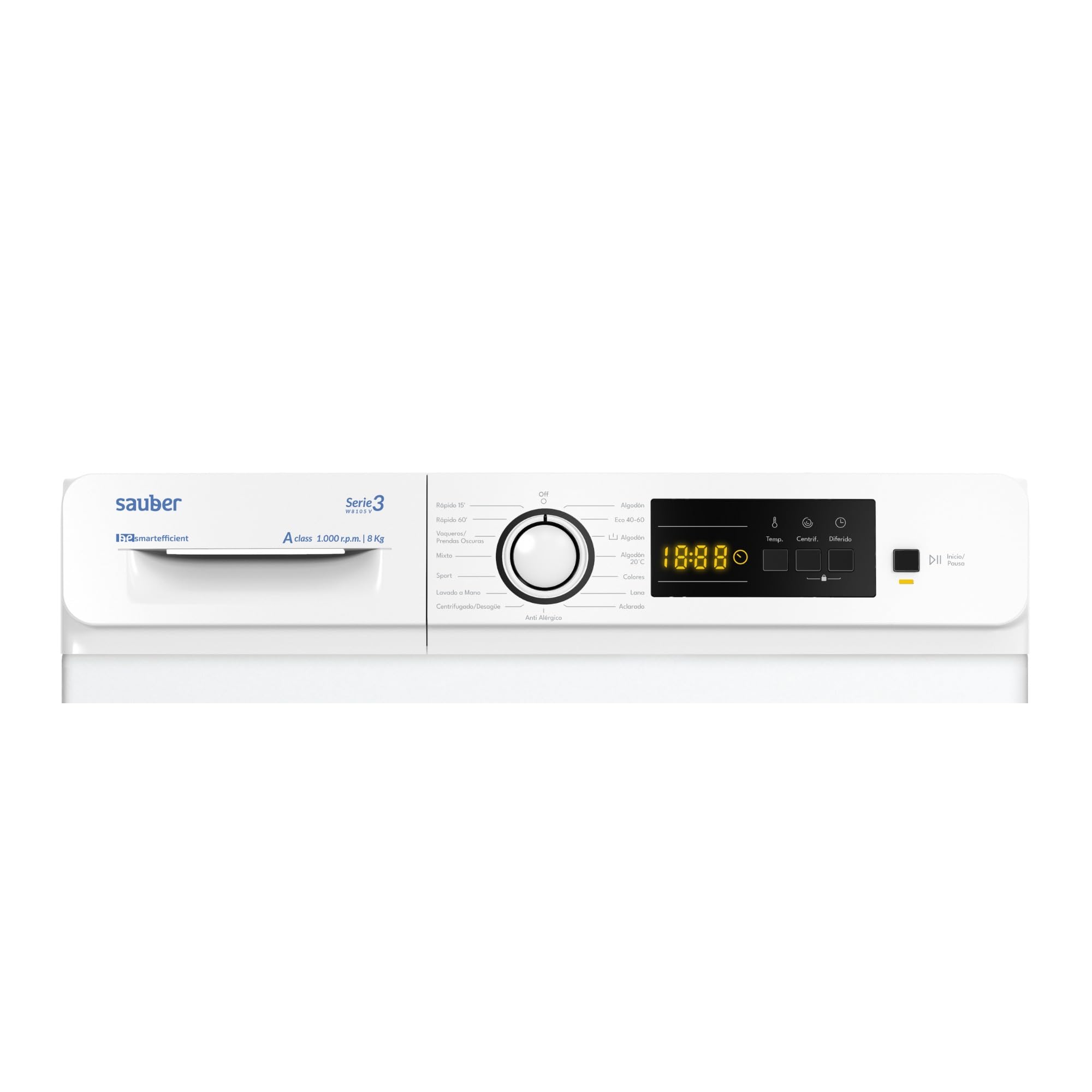 Sauber, Lavadora 8 Kg de carga frontal SERIE 3-W8105V, 1000 RPM, A, Programa Extra Rápido 15 minutos, 15 Programas, Detección de carga, Bajo Consumo, Color Blanco, CON INSTALACIÓN Y RETIRADA USADA