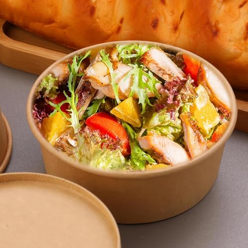 Image of 750 ML Round Brown Paper Food Container with Lids, Disposable Take Out Storage Box for Hot /Cold Foods, Party Supplies for Soup, Salad, Dessert, Pasta, Noodles (20 pcs)