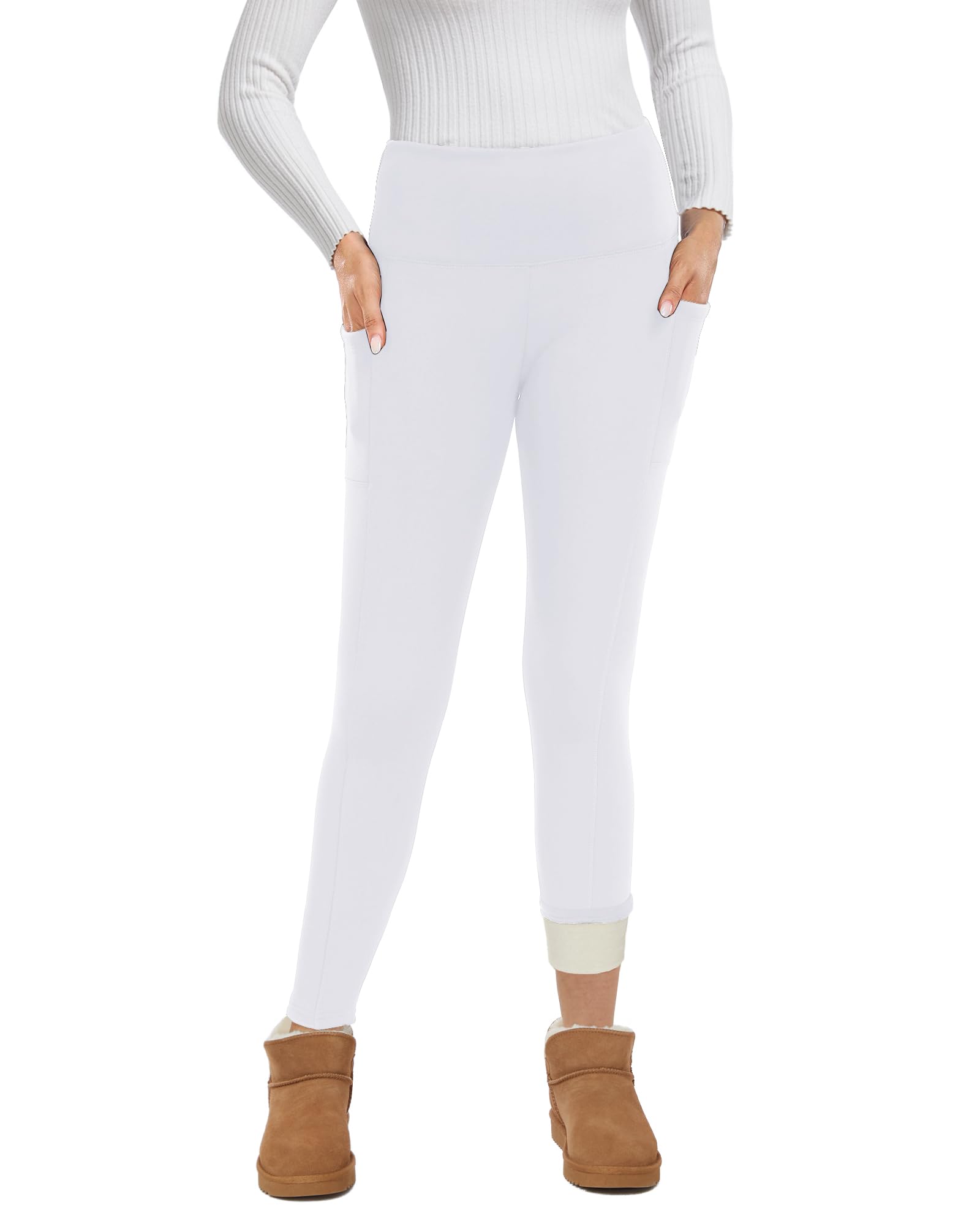 GAYHAY Fleece Lined Leggings for Women – Thick Winter Warm Thermal High Waisted Tummy Control Workout Yoga Pants Pkt-white Small