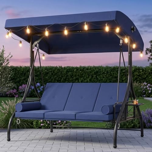 Image of Aoxun Outdoor Porch Swing with Stand and Canopy, 3 Seats Outdoor Swings for Adults, Convertible 2 in 1 Swing Bed with Cup Holder, Patio Swings with String Lights for Garden, Yard & Balcony, Blue