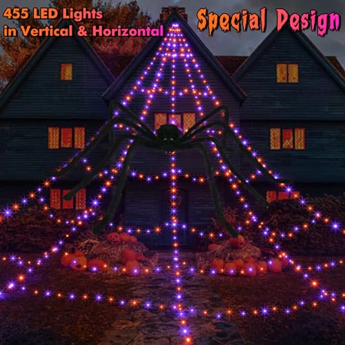 Halloween Spider Web Lights Decoration 455 LED Spider Webs Halloween Decorations Outdoor with 59" Large Spider & 3.53 oz Stretch Cobweb 16.4 Ft Light Up Giant Spider Web (Purple & Orange)2