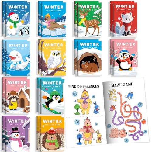 BenLouis 24 Pack Winter Mini Activity Books for Kids ages 4-8-16 Holidays Party Favors Bulk Different Brain Game for Classroom Travel Craft Activities Penguins Birthday Goodie Bag Gift Stuffer