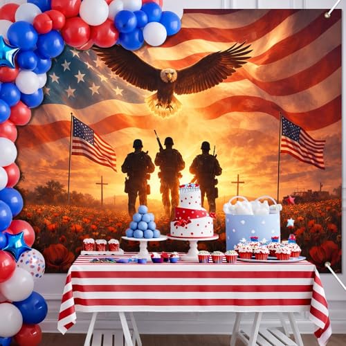 Image of BlissYard Patriotic Backdrop American Flag Eagle 8x6ft | Patriotic Backdrop with American Flag Eagle Independence Day Memorial Day for Veterans Memorial Independence Party Decor