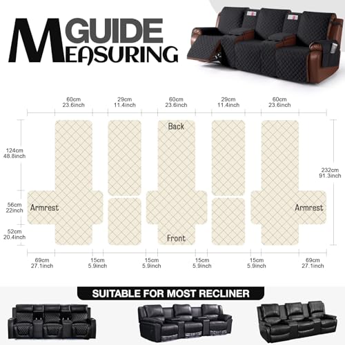 Image of KinCam 100% Waterproof Recliner Sofa Cover with Console, Non-Slip Reclining Couch Covers for 3 Seat, Recliner Couch Cover Furniture Protector with Elastic Straps for Pets, Kids, Black