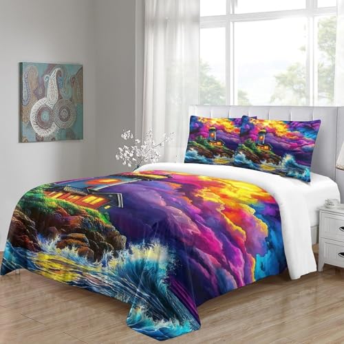 Housse de couette 3D phare parure de lit microfibre douce avec fermeture éclair cachée - 3