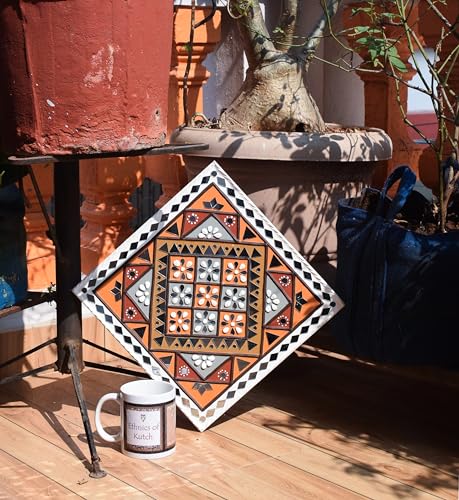 Image of Ethnics of Kutch Traditional Kutch Handicraft Mud-Mirrorwork Lippan Kam Wall Art (Water and Break Resistant) - Square (12 inch x 12 inch) - (White LKT-0265)