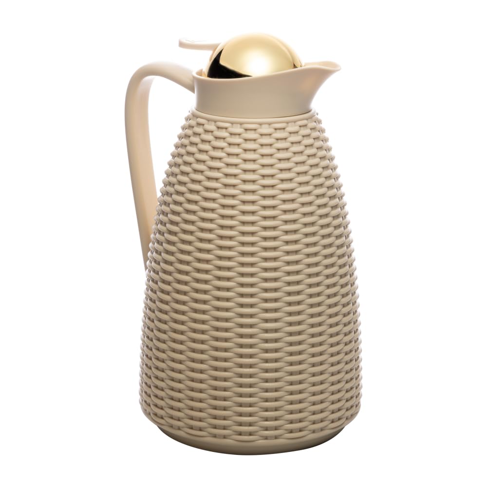 WOLFF - Garrafa Térmica De Plástico Bege Com Tampa Dourada New Rattan 1L - Para Café, Leite, Chás e Água