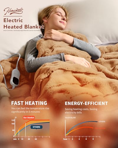 Image of Homemate Electric Heated Blanket Full Size - 72 inchx84 inch Heating Blanket Full Size 1 /2 /4 /6 /8 Hours Auto-Off 10 Heat Level Over-Heat Protection Luxury 800 GSM Faux Fur 200 GSM Sherpa ETL Certification