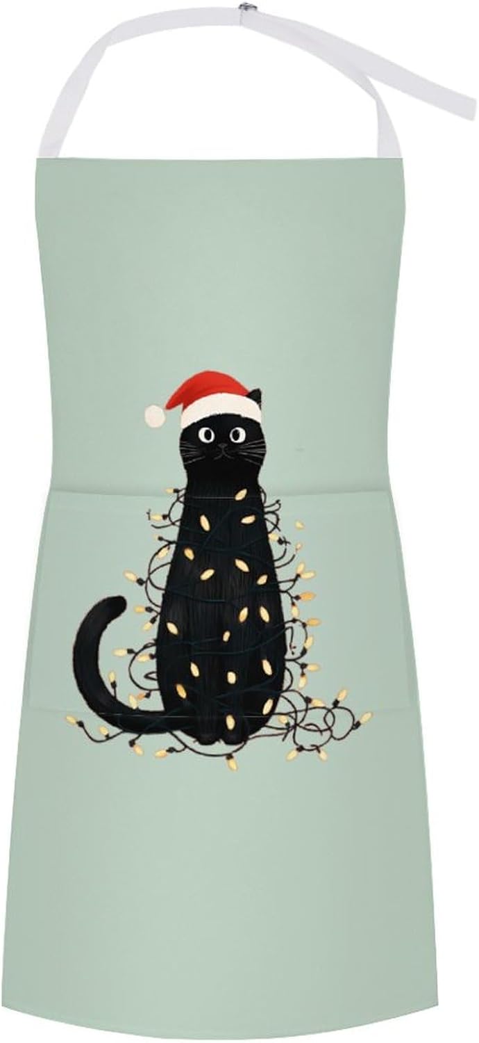 Santa Black Cat In Christmas Classic Chef Aprons for Cooking Waterproof Kitchen Apron with Pockets
