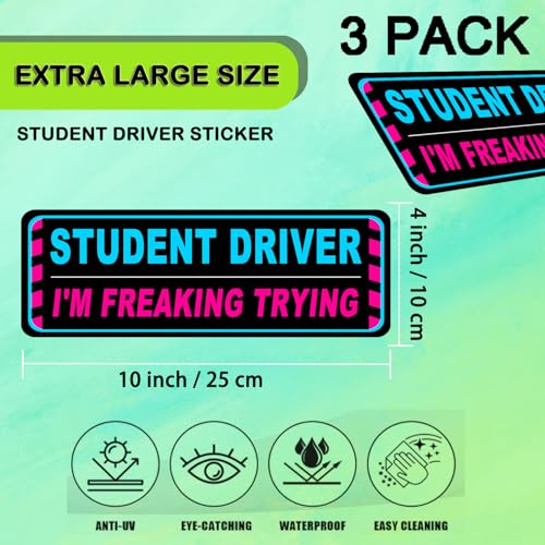 Image of 3 Pack Student Driver Magnet for Car, Magnetic Student Driver Sign for Vehicle, Reflective Warning Bumper Sticker Magnet Sign for New Driver, 10 inch x 4 inch (BLACK)