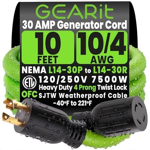 GEARit 30-Amp Generator Extension Cord, 120/250-Volt, 4-Prong, 7500W, NEMA L14-30P/L L14-30R...