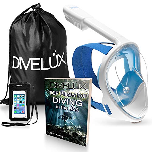 DIVELUX Full Face Snorkel Mask - Anti Fog & Anti Leak Technology | Seaview 180 Degree Panoramic Snorkel for Adult and Youth with Gifts: Waterproof Case and E-Book, (Blue, S/M)