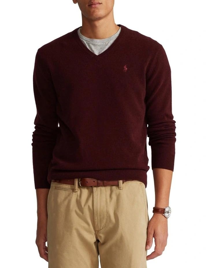 POLO RALPH LAUREN Mens Merino Wool V-Neck Sweater (Large, Rich Ruby Heather)3