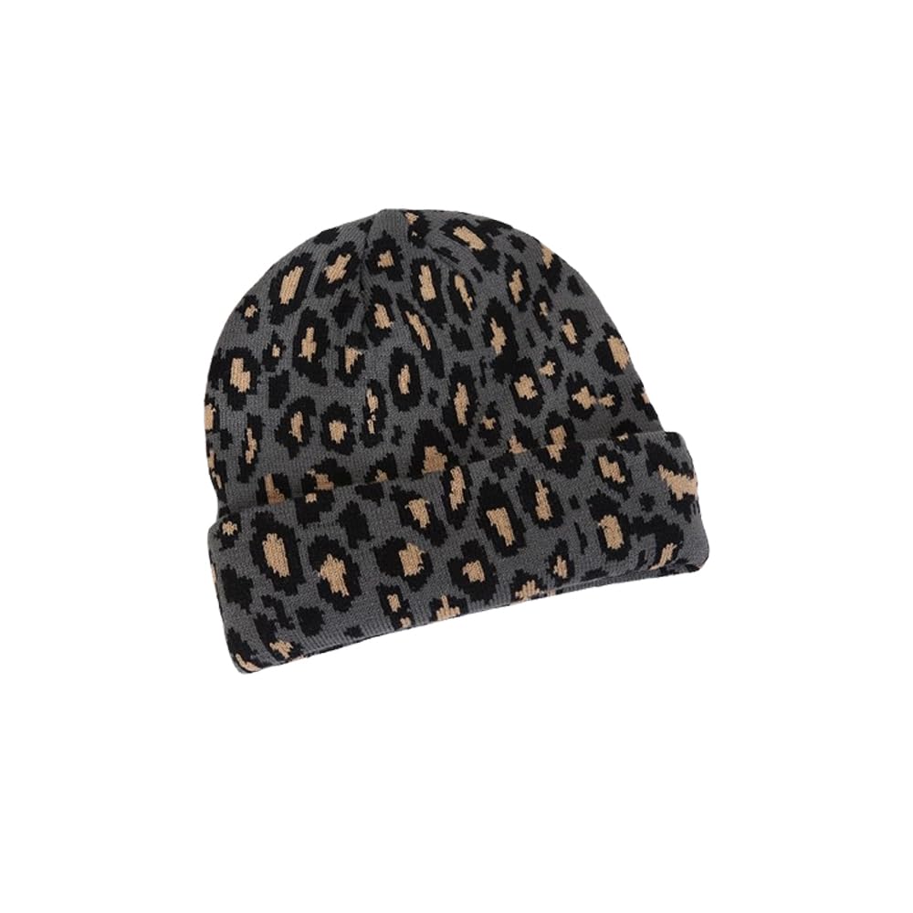 czapka, Czapka beanie dla kobiet, zimowa, z nadrukiem w panterkę, czapka czaszką, miękka i ciepła, dzianinowa, mankietem, do skarpet narciarskich(Gray)