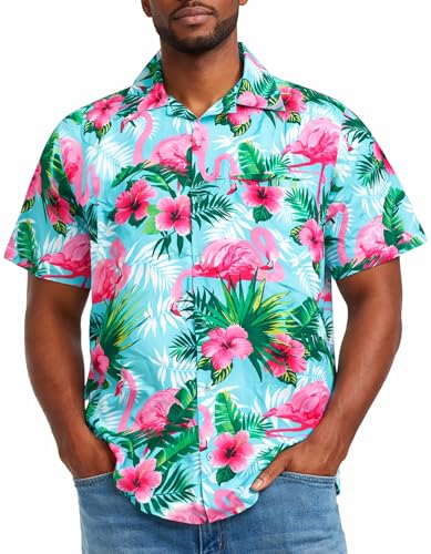 King Kameha Funky Camisa-Hawaiana, Manga-Corta, Flamingo-Flowers, Turquesa-Rosa, L