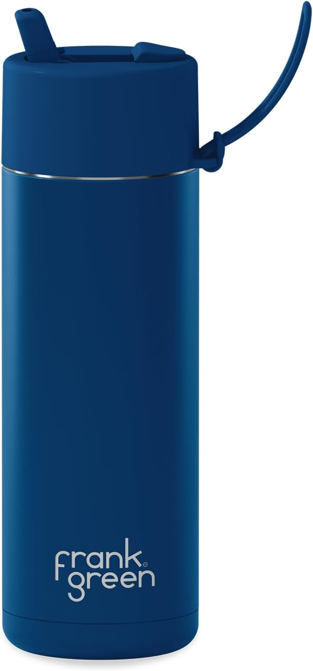 Ceramic Reusable Bottle - Stainless Steel Water Bottle With Straw, Insulated Water Bottle, Metal Water Bottle - Flip Straw Lid - 20oz - Deep Ocean