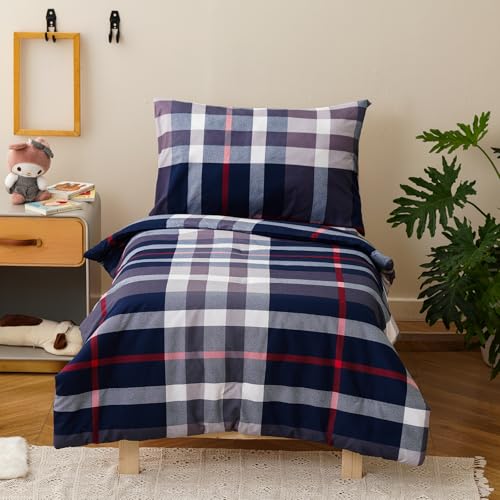 Image of Luxlovery Toddler Comforter Set Blue Plaid Boys Kids Boho Bedding Set Bed Set for Dorm 4 Pieces (1 Comforter, 1 Flat Sheet, 1 Fitted Sheet, 1 Pillowcase)