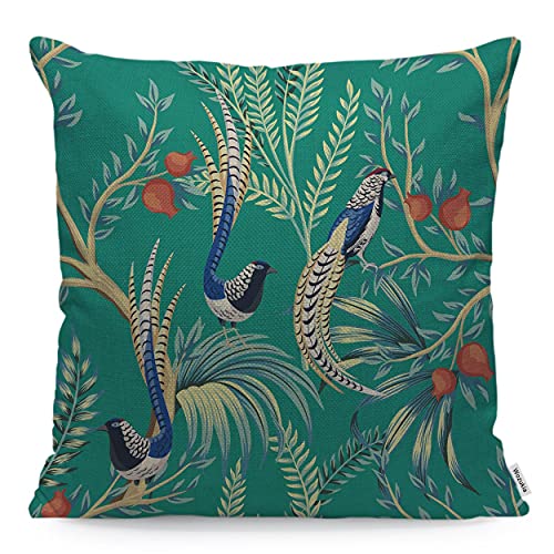 Wozukia Exotic Bird Throw Pillow Cover Vintage Garden Pomegranate Fruit Tree Plant Floral Exotic Chinoiserie Turquoise Cotton Linen Pillow Cases Standard Cushion Covers for Sofa Couch Bed Car 18x18 In