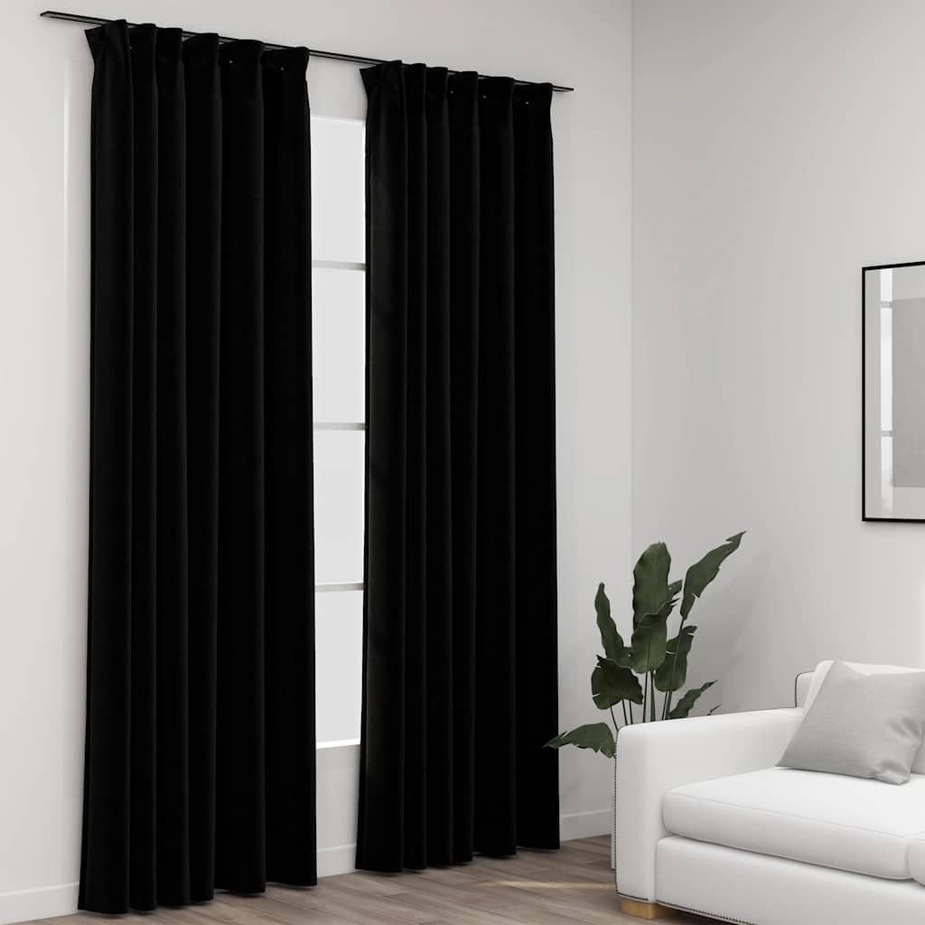 Cortinas opacas con aspecto de lino, 140 x 225 cm, juego de 2 unidades, color negro, opacas con ganchos de metal para salón y dormitorio, lavables a máquina