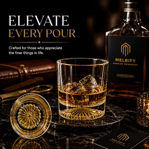 Image of Melbify Italian Petal Whiskey Glasses | 300ml | Set of 4 | Artistic | Designer Whiskey Glass | Elegant | Premium| Royal | Luxurious | High end Expensive Whisky Glasses with Gold Plated Bottom