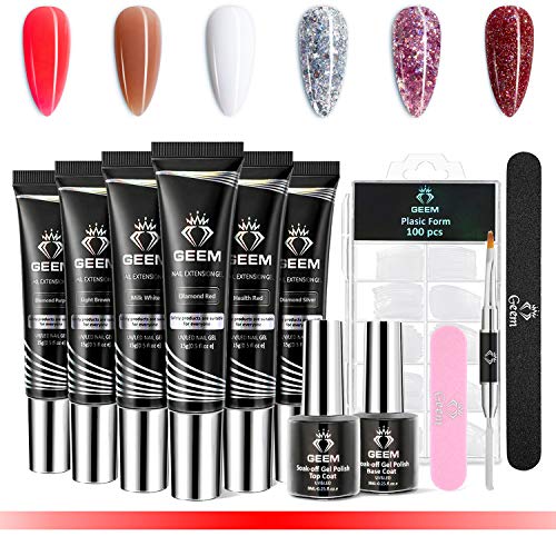 GEEM Poly Extension Gel Nail Kit Brush On Nail Glue Jelly Nail Polish With Nail File and gel top coat & Base Coat Poly Extension Gel Tools All-in-One Kit
