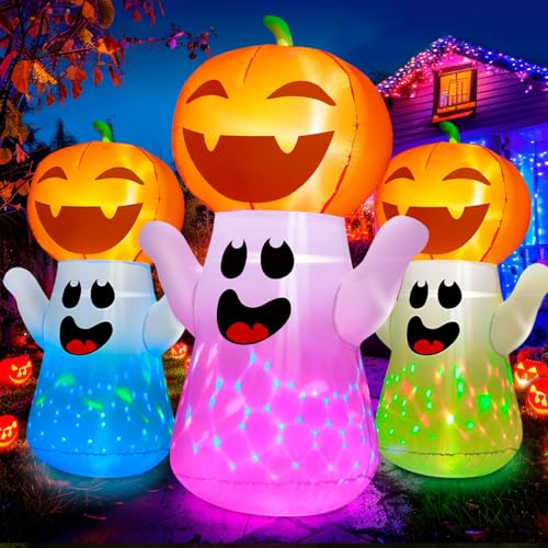 zukakii 5FT Halloween Inflatables Pumpkin Ghost Built-in 3-Pattern Colorful Flashing Light, Cute...
