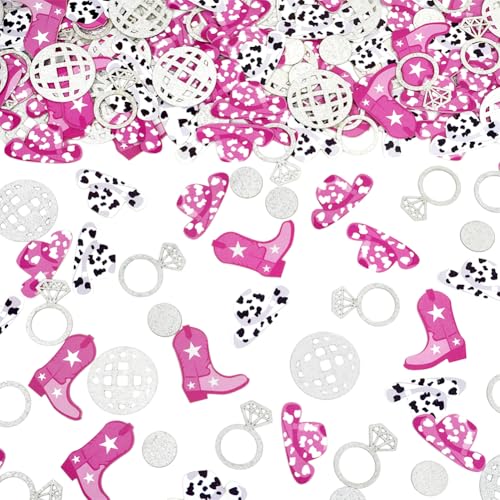 Image of Cowgirl Disco Bachelorette Confetti Bachelorette Party Decorations, Glitter Disco Ball Ring and Pink Cowgirl Boot Hat Confetti for Bachelorette Bridal Shower Table Decor（100pcs）