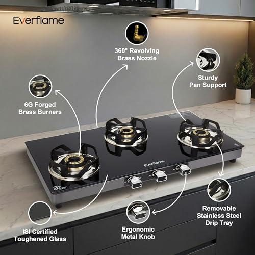 Image of Everflame Atlas 3 Burner Gas Stove | Extra Thick 8mm Toughened Glass Top | Euro-Coated Pan Support | LPG Ready & PNG Convertible | Manual Ignition | 2 Years Warranty + Doorstep Service
